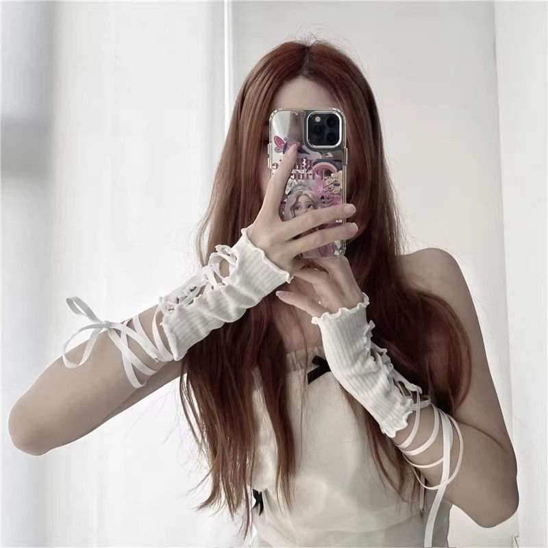 Women Fashion Gloves - Women Lace‑Up Fingerless Arm Sleeves Elastic