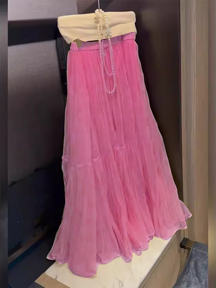 A-Line Skirt Midi - Elegant High Waist Mesh Half Skirt