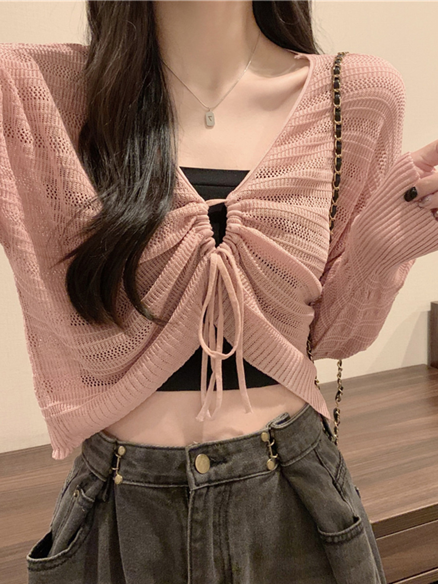 Crop Top Women - Pink Hollow Knit Long Sleeve Top