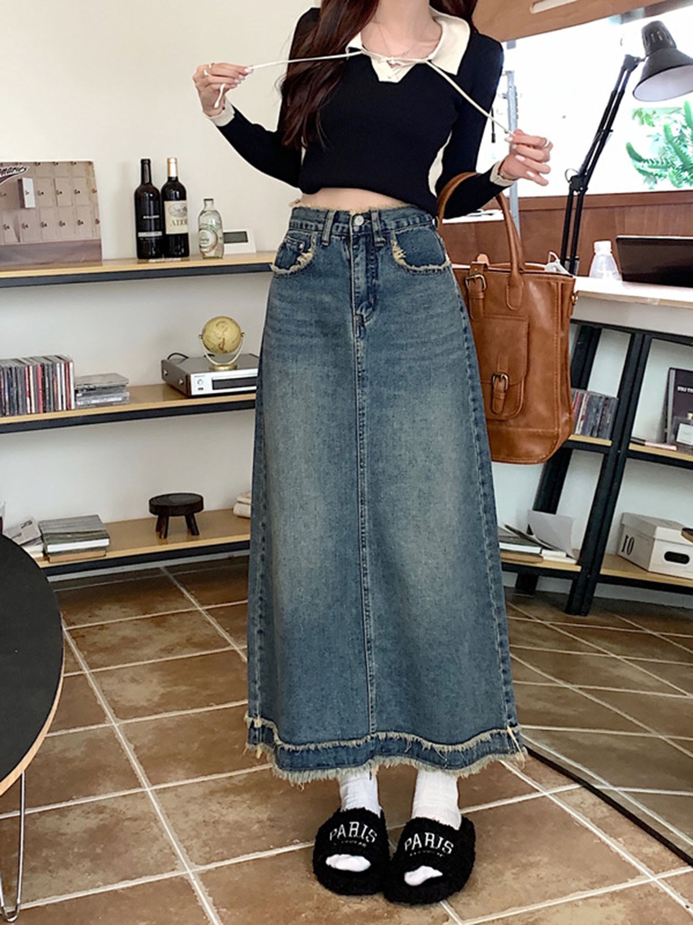 A-Line Skirt Midi - Vintage Frayed Edge High-Waisted Denim Midi