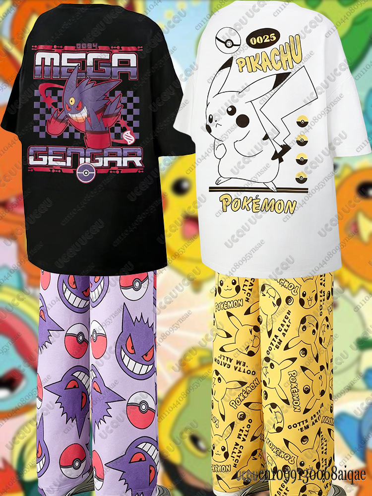 Women'S Fashion Trousers - 2026 Anime Pikachu&Gengar Summer Tshirts+Pajamas Pants