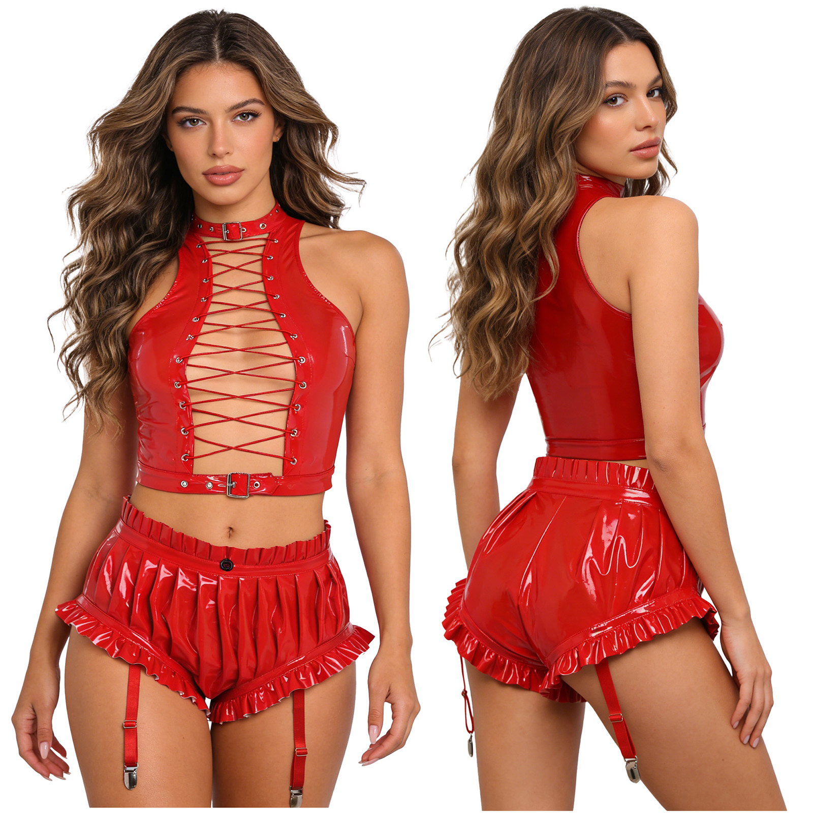 Womens Wet Look PU Leather Clu - Crop Top Women บทวิจารณ์และราคา
