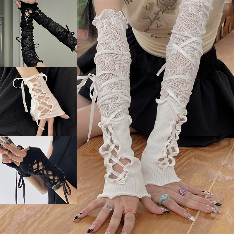 Women Lace‑Up Fingerless Arm S - Women Fashion Gloves บทวิจารณ์และราคา