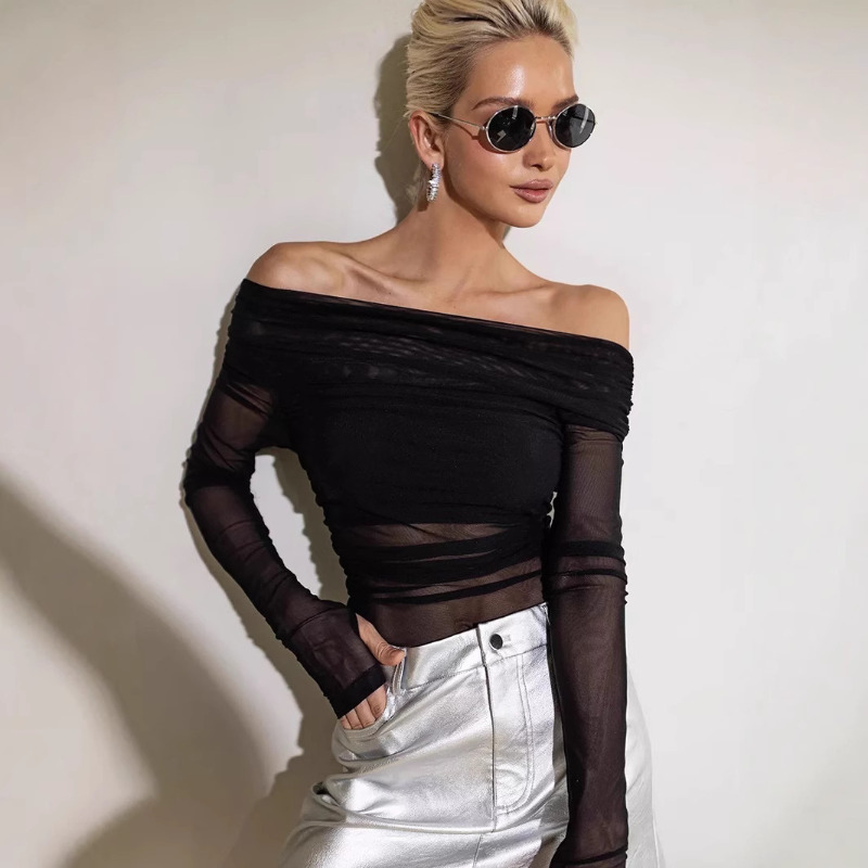 Women  Mesh Off Shoulder Top S - Crop Top Women บทวิจารณ์และราคา