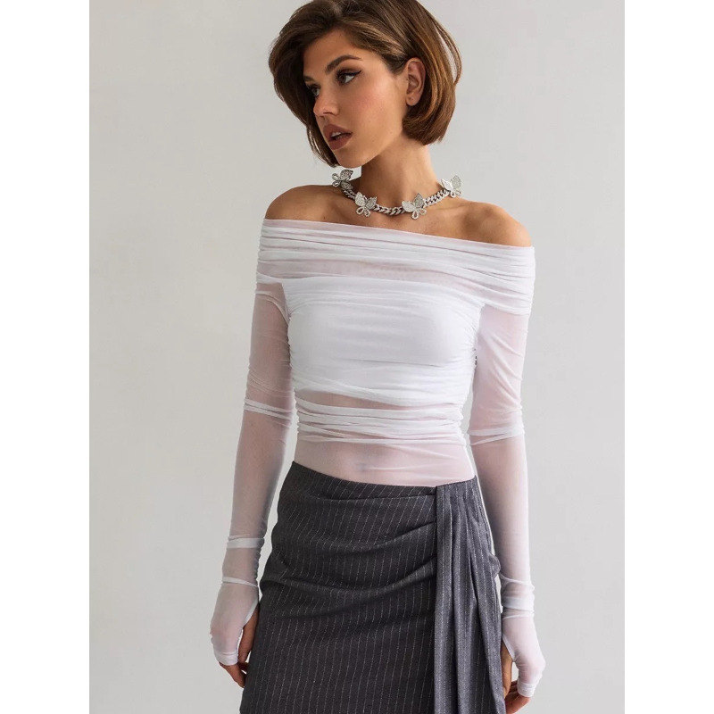 Women  Mesh Off Shoulder Top S - Crop Top Women บทวิจารณ์และราคา
