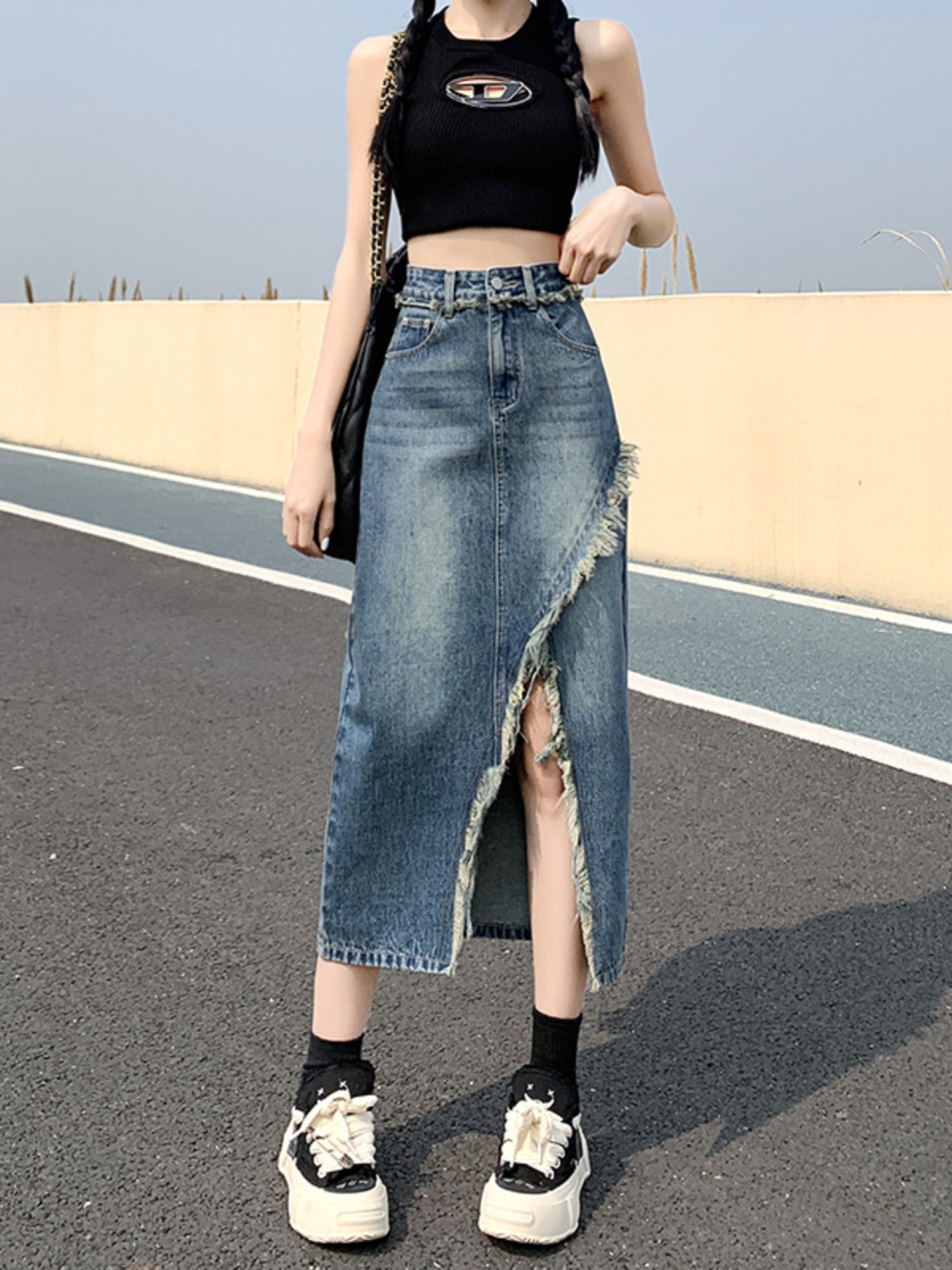 Women's High Waist Denim Skirt - A-Line Skirt Midi บทวิจารณ์และราคา