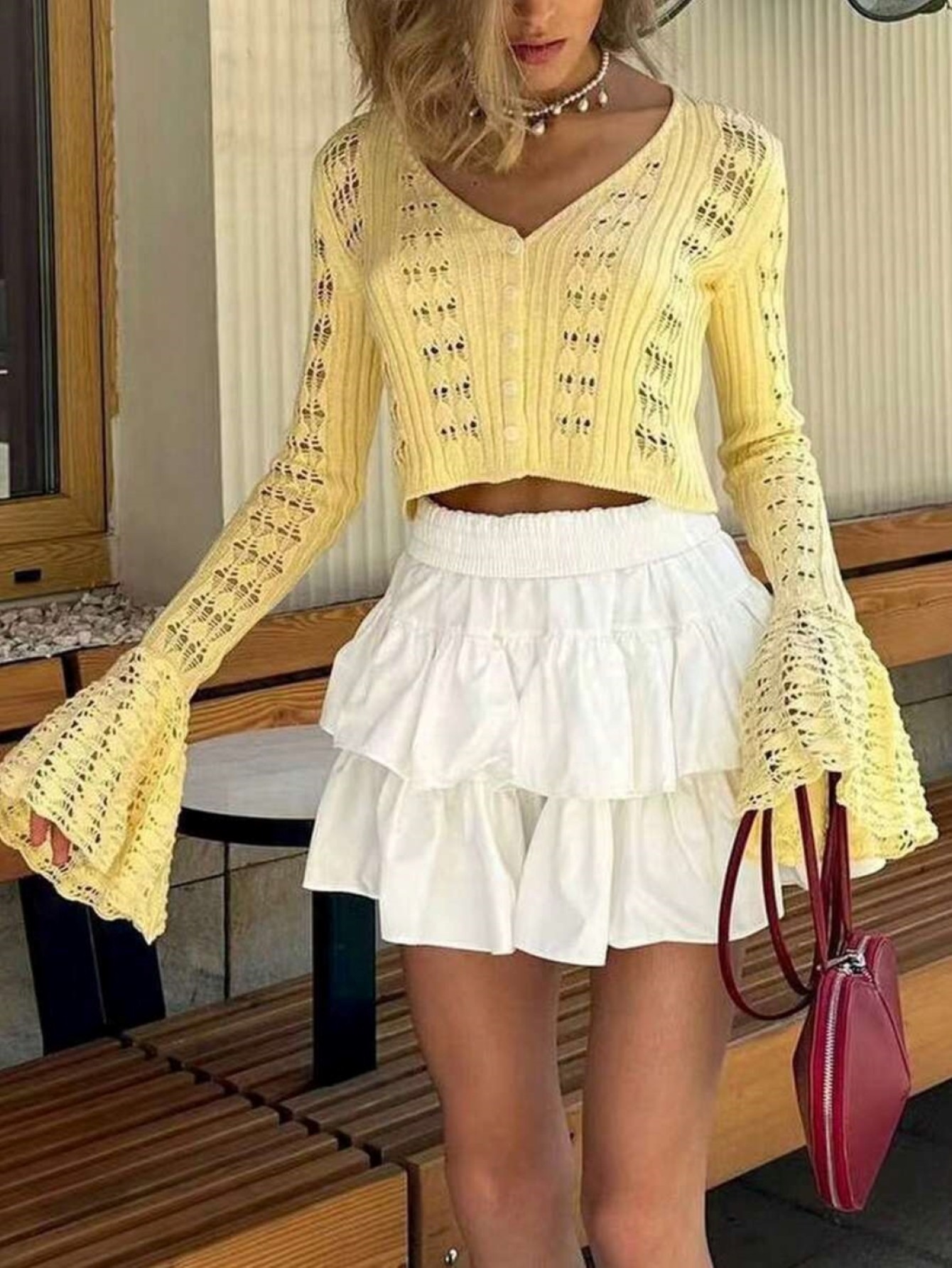 Womens Yellow Crochet Knit Fla - Crop Top Women บทวิจารณ์และราคา