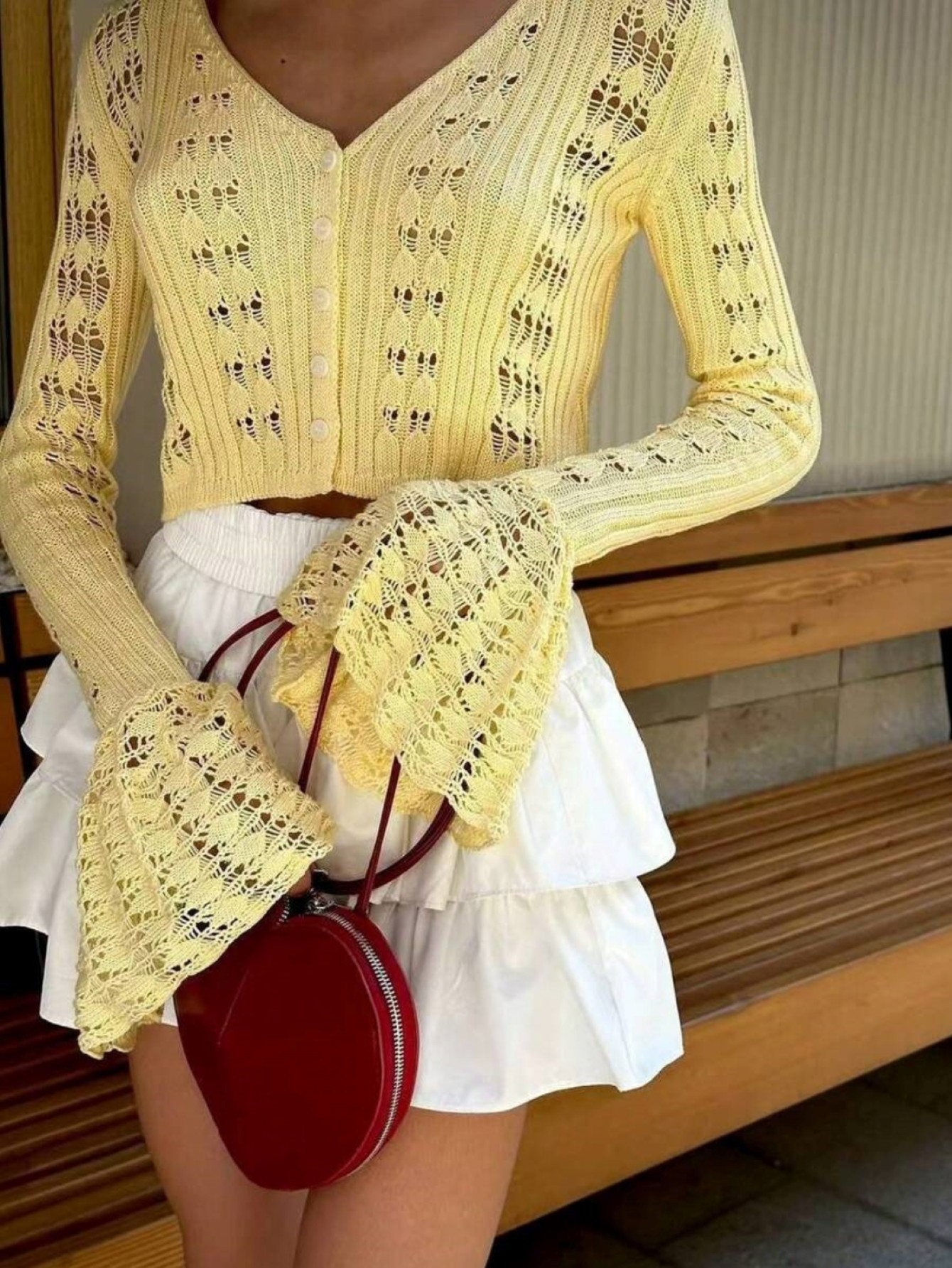 Womens Yellow Crochet Knit Fla - Crop Top Women บทวิจารณ์และราคา