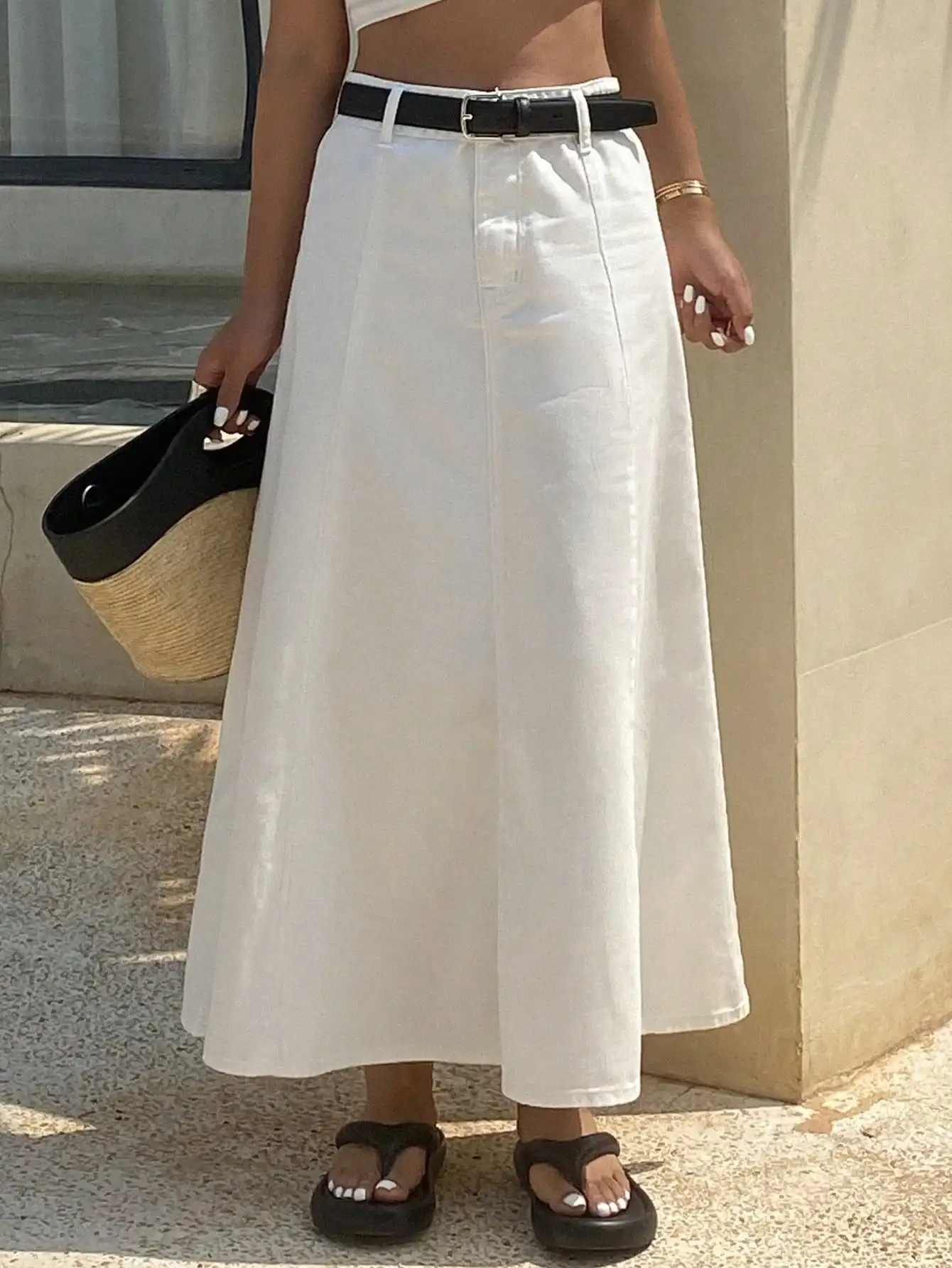 White A-Line Denim Midi Skirt  - A-Line Skirt Midi บทวิจารณ์และราคา