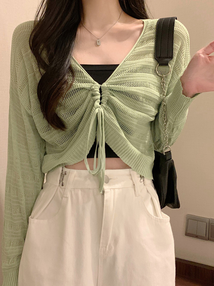 Pink Hollow Knit Long Sleeve T - Crop Top Women บทวิจารณ์และราคา