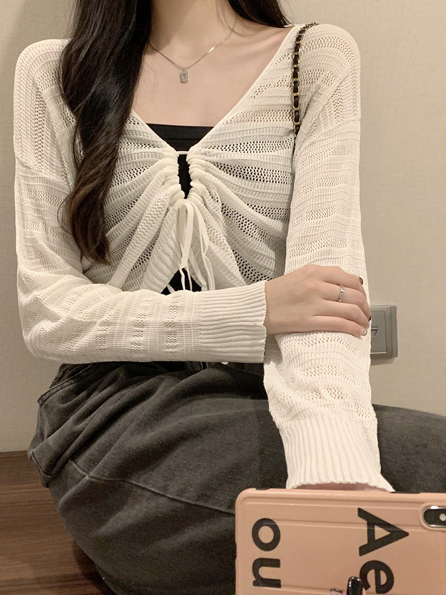 Pink Hollow Knit Long Sleeve T - Crop Top Women บทวิจารณ์และราคา