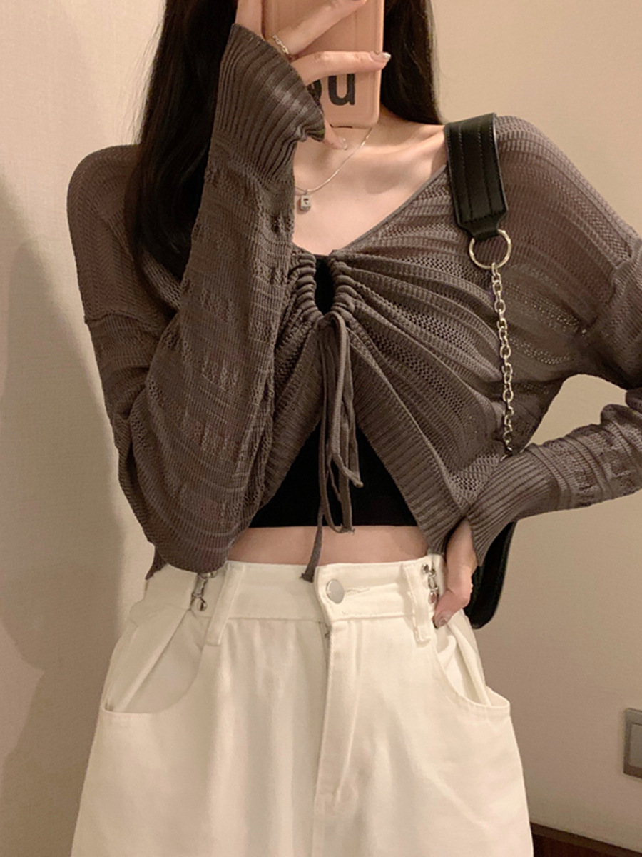 Pink Hollow Knit Long Sleeve T - Crop Top Women บทวิจารณ์และราคา