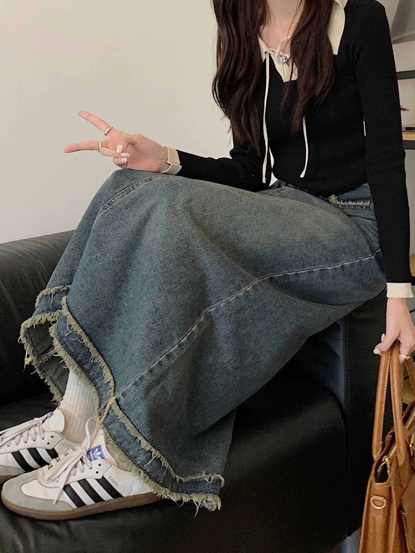 Vintage Frayed Edge High-Waist - A-Line Skirt Midi บทวิจารณ์และราคา