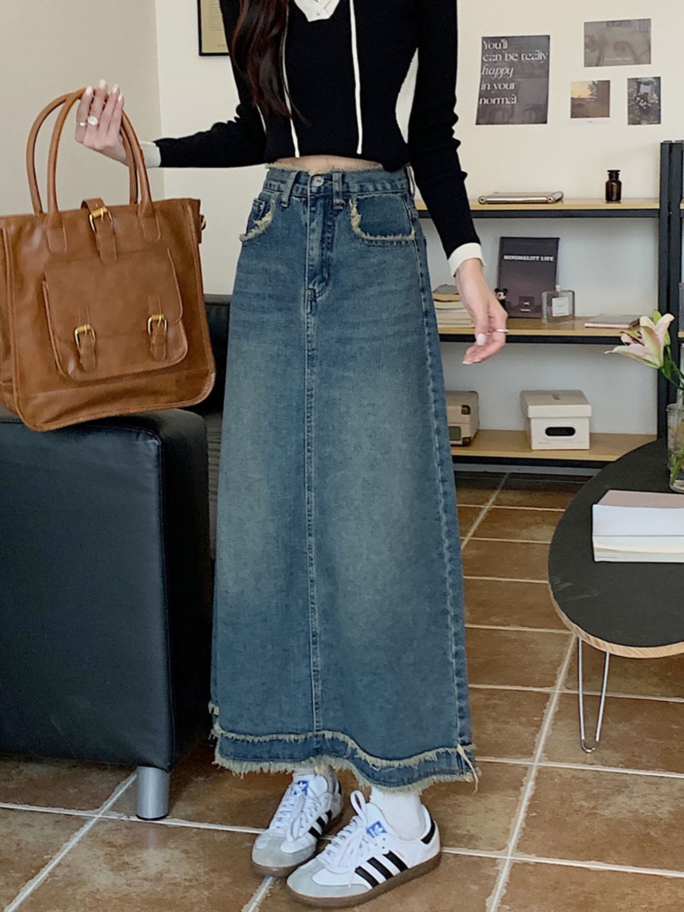 Vintage Frayed Edge High-Waist - A-Line Skirt Midi บทวิจารณ์และราคา