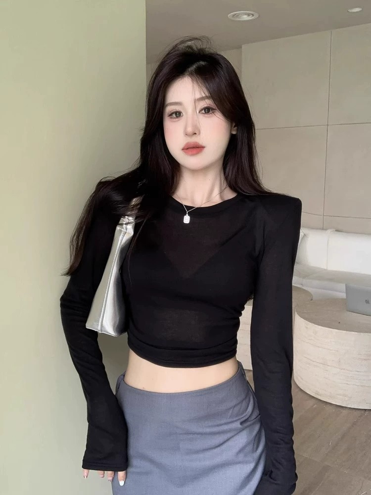 Y2K Sexy Shoulder Pads Long Sl - Crop Top Women บทวิจารณ์และราคา